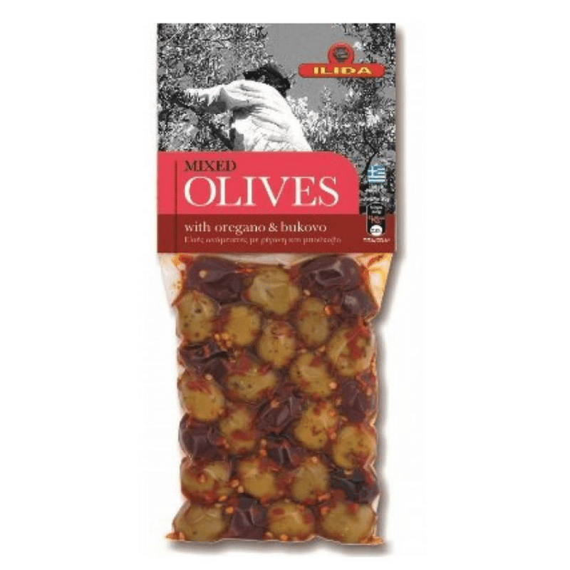 Gemischte Oliven mit Oregano & Boukouvo (250g) Ilida von Ilida bei Araxxon  - Hochwertiges griechisches Produkt.   Gemischte Oliven mit Oregano & Boukouvo (250g) Ilida από Ilida στο Araxxon  - Αυθεντικό ελληνικό προϊόν.